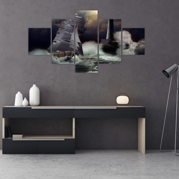 Obraz - Statek płynący przez wzburzone fale (125x70 cm)