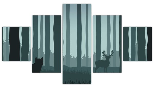 Obraz - Jeleń z wilkiem w skałach (125x70 cm)
