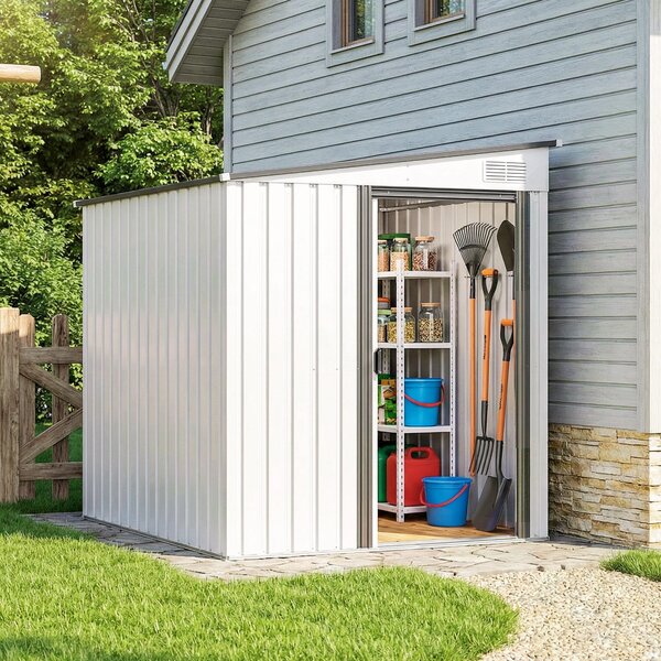 Domki narzędziowe metalowe, 2,81 m², szopki narzędziowe z jednospadowym dachem, szopy ogrodowe ze stali, kolor biały | 154x206,5x181 cm | 2 półki + 2 haczyki | Drzwi przesuwne | Wentylacja