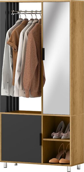 Otwarta półka, szafka na ubrania ze lustrem i drążkiem, płyta wiórowa, naturalne drewno, kolor czarny | 22 kg | 80 x 30 x 175 cm
