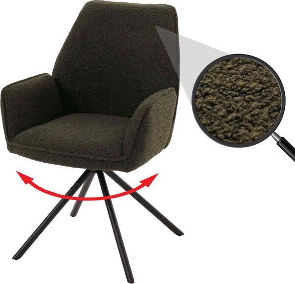 Krzesło do jadalni HWC-G67, podłokietnik krzesła kuchennego, automatyczna pozycja obrotowa, tkanina/tekstylia bouclé Oeko-Tex MVG ~ oliwkowa zieleń