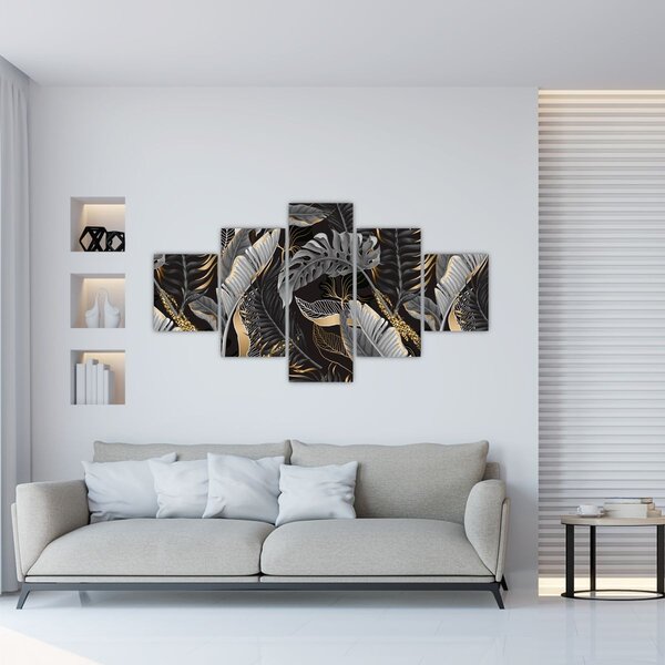 Obraz - Tropikalne liście w kolorze czarno - złotym (125x70 cm)