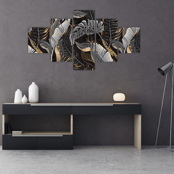 Obraz - Tropikalne liście w kolorze czarno - złotym (125x70 cm)