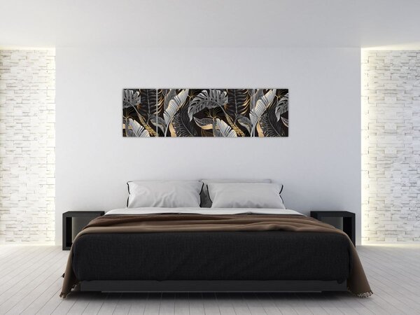 Obraz - Tropikalne liście w kolorze czarno - złotym (170x50 cm)
