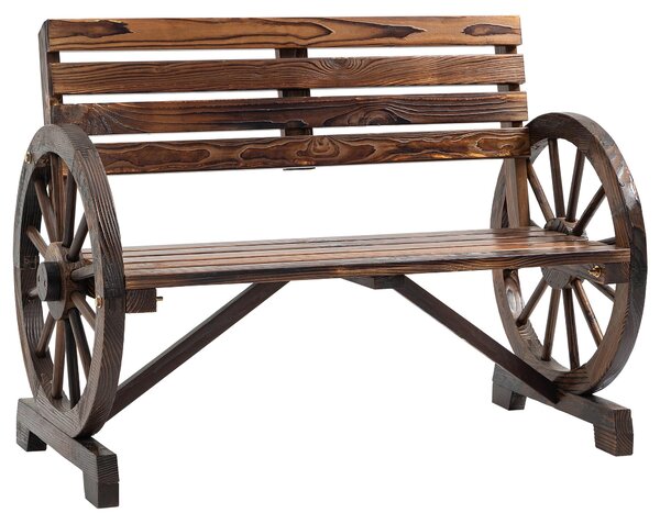 Ławka ogrodowa w stylu rustykalnym, wykonana z litego drewna świerkowego, odporna na warunki atmosferyczne, w kolorze brązowym. Design z kołami. Dwie osoby. Maksymalne obciążenie: 240 kg. Wymiary: 105,5 x 56 x 79 cm