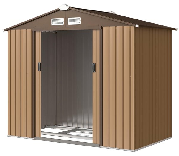 Domki narzędziowe stalowe, odporne na warunki atmosferyczne, szopy narzędziowe metalowe z drzwiami przesuwnymi, kolor żółty | w zestawie rama podłogowa | 2 drzwi przesuwne | 213 x 130 x 185 cm