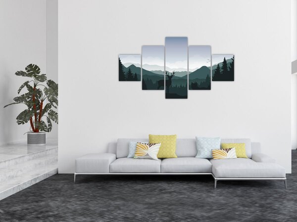 Obraz - Jeleń z wilkiem w skałach (125x70 cm)