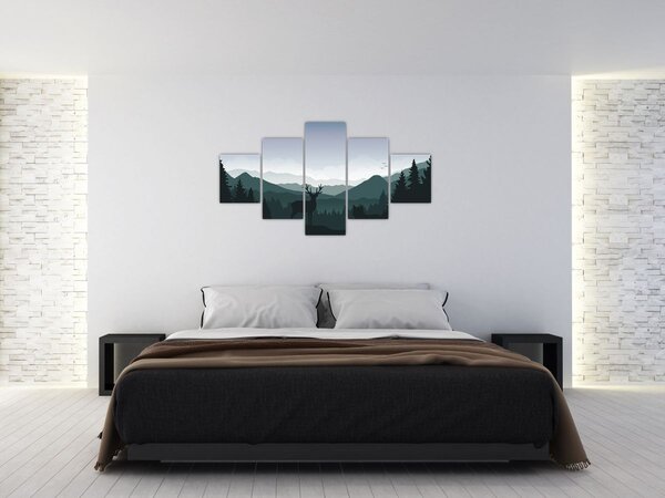 Obraz - Jeleń z wilkiem w skałach (125x70 cm)