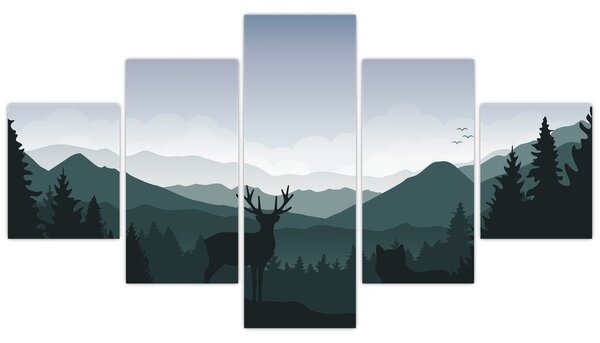 Obraz - Jeleń z wilkiem w skałach (125x70 cm)