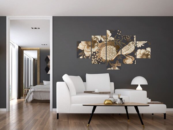 Obraz złotych kwiatów na ciemnym tle (125x70 cm)