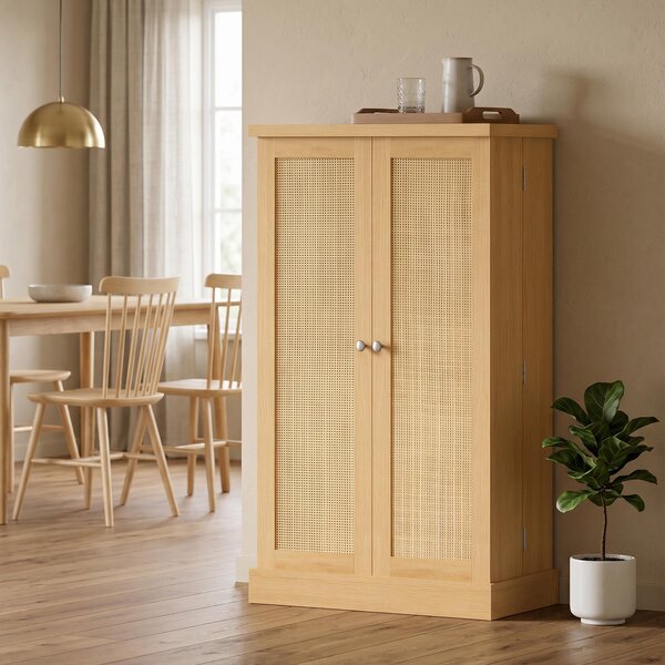 Półka kuchenna, szafka kuchenna, imitacja rattanu, stojąca półka na przyprawy, wykonana z MDF i rattanu PE, kolor naturalny | 60 x 30 x 104 cm | 12 przegródek na przyprawy | 5 półek