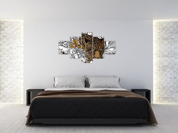 Obraz - Lampart pośród kwiatów (125x70 cm)