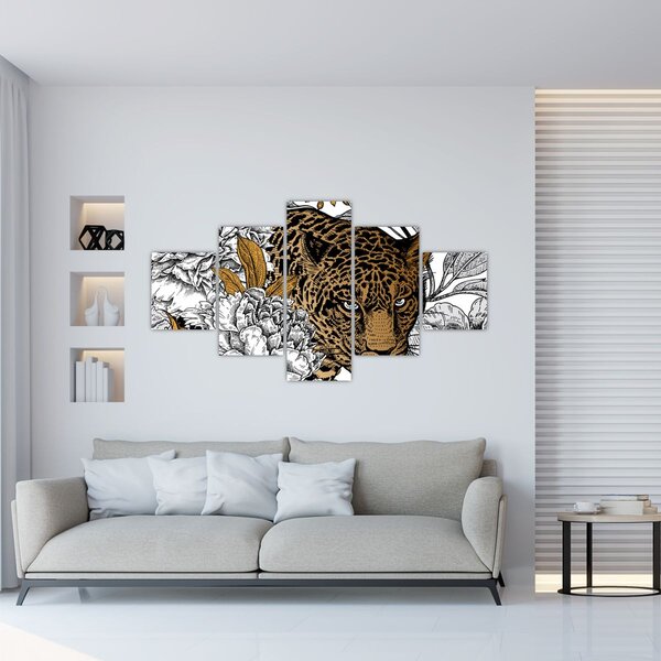 Obraz - Lampart pośród kwiatów (125x70 cm)