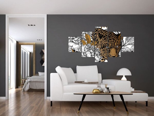 Obraz - Lampart pośród kwiatów (125x70 cm)