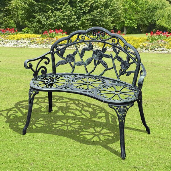 Ławka ogrodowa dwuosobowa z odlewu aluminiowego, ławka parkowa w stylu retro z motywem kwiatowym, ławka w stylu antycznym, kolor antyczny zielony | 100 x 54 x 78 cm | nośność do 240 kg | odporna na warunki atmosferyczne