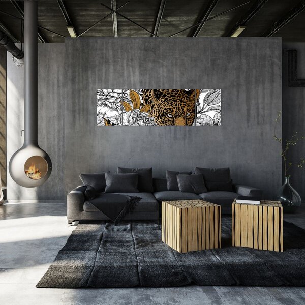 Obraz - Lampart pośród kwiatów (170x50 cm)