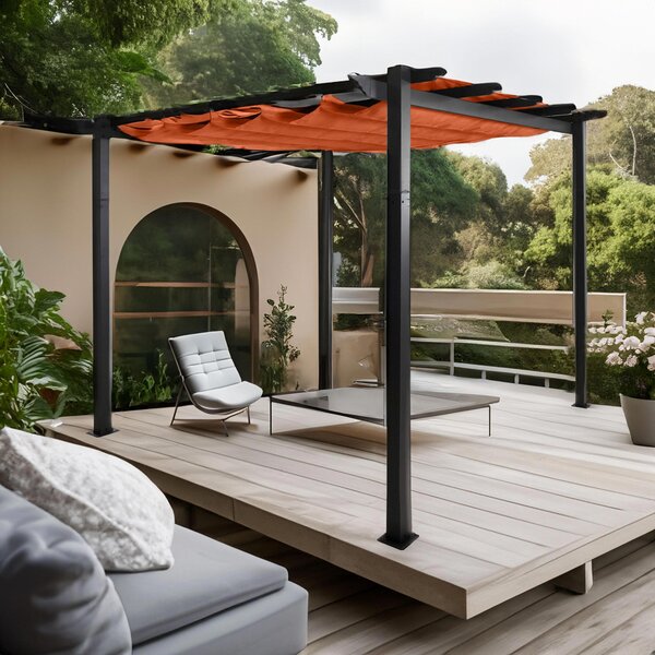 Pergola aluminiowa HWC-N93, pawilon ogrodowy altana ogrodowa, stabilna rama 8cm rozsuwany dach UV50+ 3x3m ~ terakota