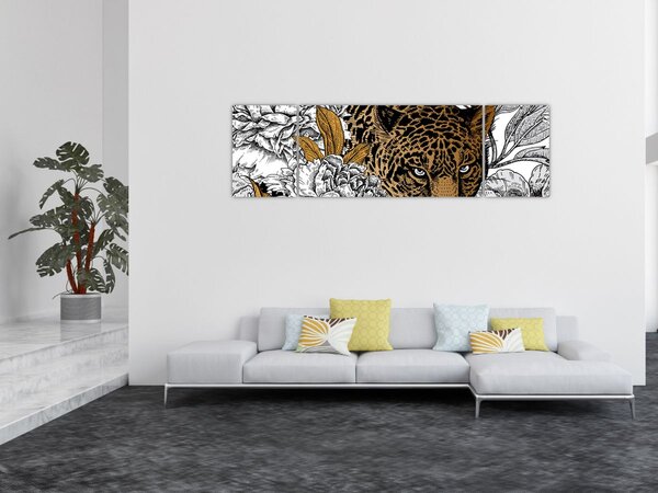 Obraz - Lampart pośród kwiatów (170x50 cm)