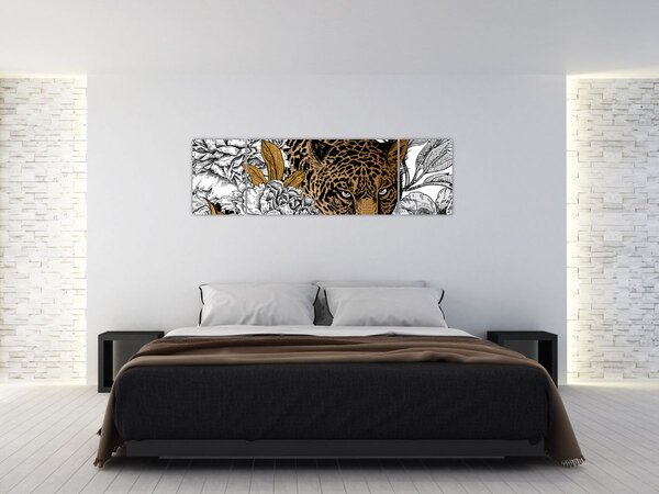 Obraz - Lampart pośród kwiatów (170x50 cm)