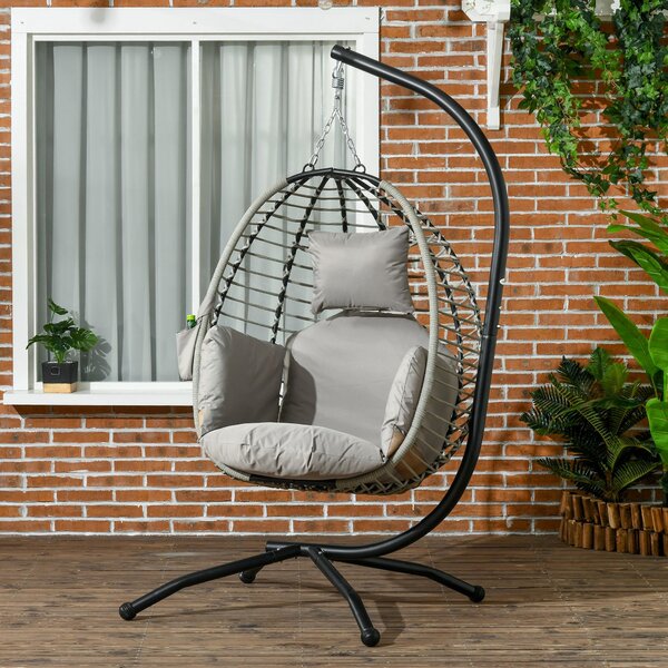Fotel wiszący ze składaną ramą, fotel Egg Chair z poduszkami, fotel wiszący ze stali, szary | 110 x 100 x 188 cm | 23,6 kg | do 120 kg