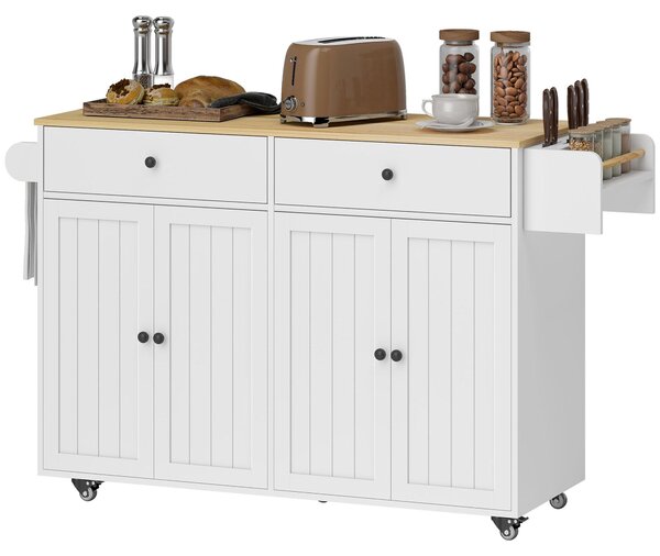 Mobilna szafka kuchenna z płyty MDF, ruchoma wyspa kuchenna z szufladami, biały kolor | Półka na noże i przyprawy | 5 kółek | 147 x 43 x 89 cm