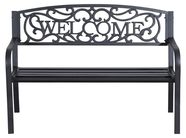 Ławka parkowa z napisem "WELCOME", ławka ogrodowa dwuosobowa, metalowa ławka z żeliwa, powlekana proszkowo, kolor czarny | odporna na warunki atmosferyczne | 14,5 kg | 127 x 60 x 87 cm