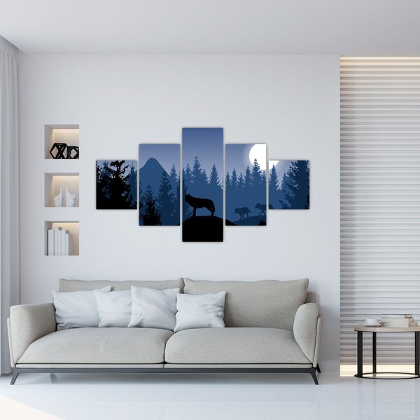 Obraz - Wataha wilków pod księżycem w pełni (125x70 cm)