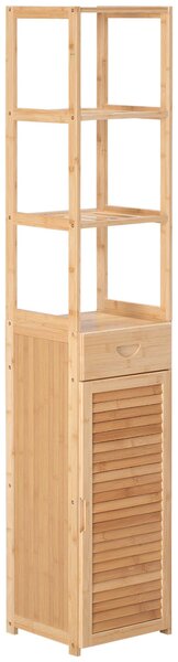 Półka stojąca z szufladą, drzwi panelowe, wysoka szafka do łazienki, bambus, naturalne drewno | 15 kg | 3 otwarte półki | 32 x 30 x 163 cm