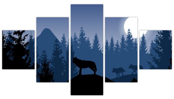 Obraz - Wataha wilków pod księżycem w pełni (125x70 cm)