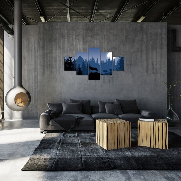 Obraz - Wataha wilków pod księżycem w pełni (125x70 cm)