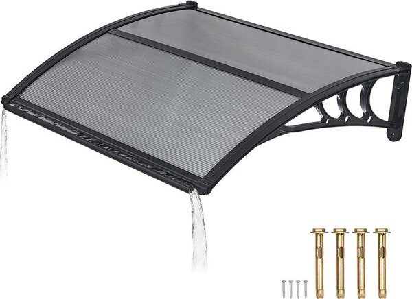 Daszek nad drzwi wejściowe, 755x1000 mm, jednospadowy, z systemem odprowadzania wody i mocowaniem ABS, ochrona przed deszczem, śniegiem i słońcem, poliwęglanowy daszek do werandy i tarasu, kolor: dymny grafit