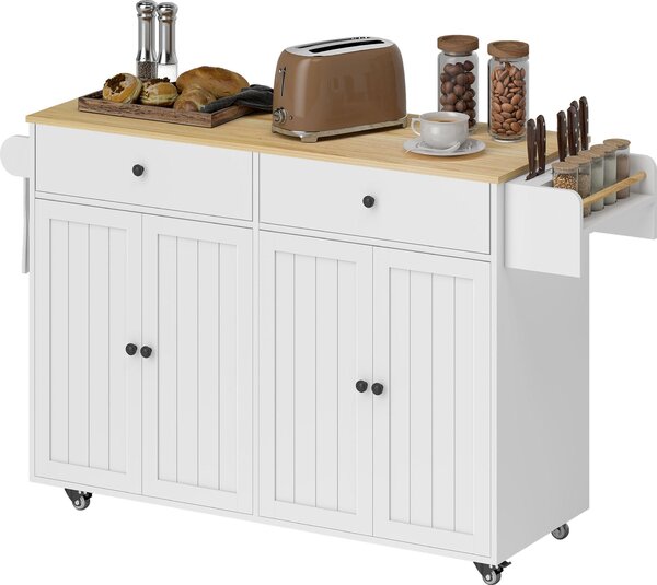 Wysuwana wyspa kuchenna z szufladami, wózek kuchenny na kółkach z płyty MDF, biały | 147 x 43 x 89 cm | 5 kółek | półka na noże i przyprawy