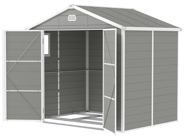 Szkło: Grubości ściany: 10 mm Wymiary: 240 x 190 x 228 cm Materiał: Polipropylen odporny na warunki atmosferyczne Typ: Dom narzędziowy z daszkiem dwuspadowym, z podłogą Kolor: Jasnoszary