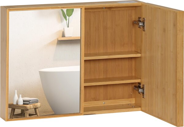 SUGIFT, bambusowa szafka wisząca, szafka łazienkowa z drzwiczkami lustrzanymi, szafka łazienkowa z lustrem, naturalne drewno | 9 kg | 4 przegrody wewnętrzne | 65,2 x 14 x 50 cm