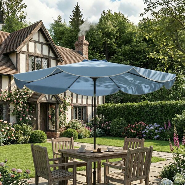 Okrągły parasol z regulacją nachylenia, z korbą, parasol balkonowy/plażowy z falbaną, metalowo-poliestrowy, błękitny | Ø265 x 235 cm (wys.) | 3-stopniowa regulacja nachylenia | 8 rurek