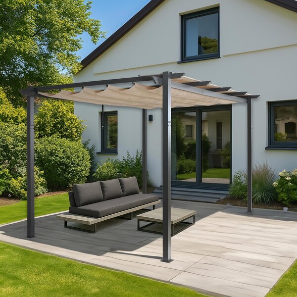Pergola aluminiowa HWC-N93, pawilon ogrodowy altana ogrodowa, stabilna rama 8cm rozsuwany dach UV50+ 3x4m ~ kremowo-beżowy