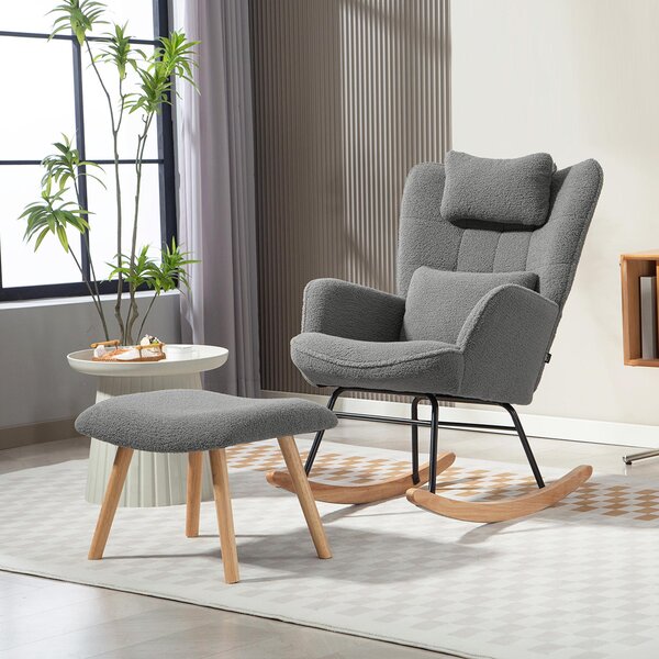 Fotel bujany z podnóżkiem Fleece Wingback, fotel bujany z wysokim oparciem, fotel relaksacyjny w kolorze ciemnoszarym | 101,5 x 70,5 x 99,5 cm | 95°–115° | Stalowa rama