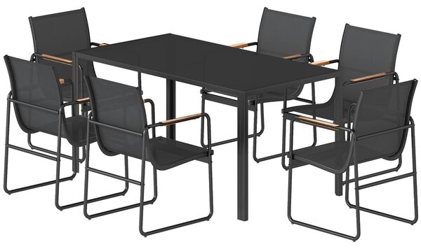 Zestaw mebli ogrodowych składający się z stołu szklanego i 6 krzeseł, 7-elementowy zestaw, rama stalowa, tkanina siatkowa, kolor czarny | odporny na warunki atmosferyczne | maksymalne obciążenie 26 kg | wymiary: 150 x 80 x 73 cm