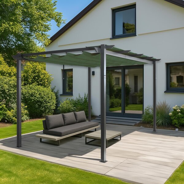 Pergola aluminiowa HWC-N93, pawilon ogrodowy altana ogrodowa, stabilna rama 8cm dach przesuwny UV50+ 3x4m ~ zielony
