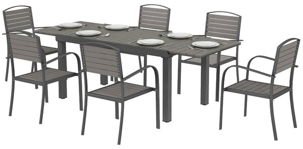 Zestaw mebli ogrodowych dla 6 osób, rozkładany, 7-elementowy, wykonany z aluminium i kompozytu WPC, kolor szary | odporny na warunki atmosferyczne | waga: 22 kg | wymiary stołu: 150–225 cm