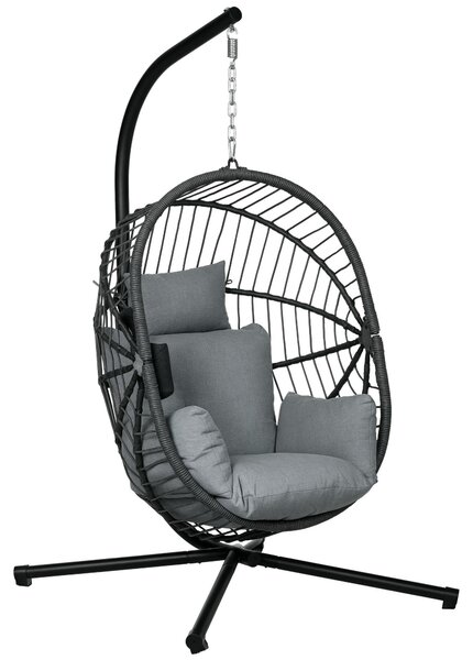 Szezlong wiszący "Egg" składany z poduszką, idealny do użytku na zewnątrz, wykonany z poliestru, kolor: szary. Wymiary: 120 x 106 x 188 cm. Waga: 25 kg. Maksymalne obciążenie: 120 kg