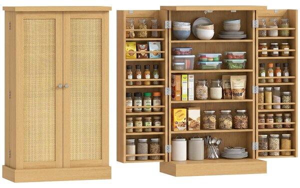 Półka kuchenna, szafka kuchenna, imitacja rattanu, stojąca półka na przyprawy, wykonana z MDF i rattanu PE, kolor naturalny | 60 x 30 x 104 cm | 12 przegródek na przyprawy | 5 półek