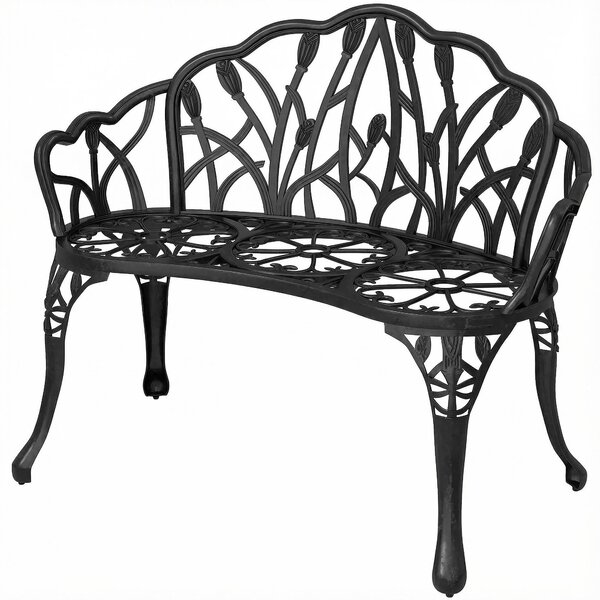 Oparcie z motywem tulipanów, ławka ogrodowa z aluminium odlewanego, dwuosobowa, ławka zewnętrzna, odporna na warunki atmosferyczne, kolor czarny | 6,5 kg | 99 x 57 x 78 cm