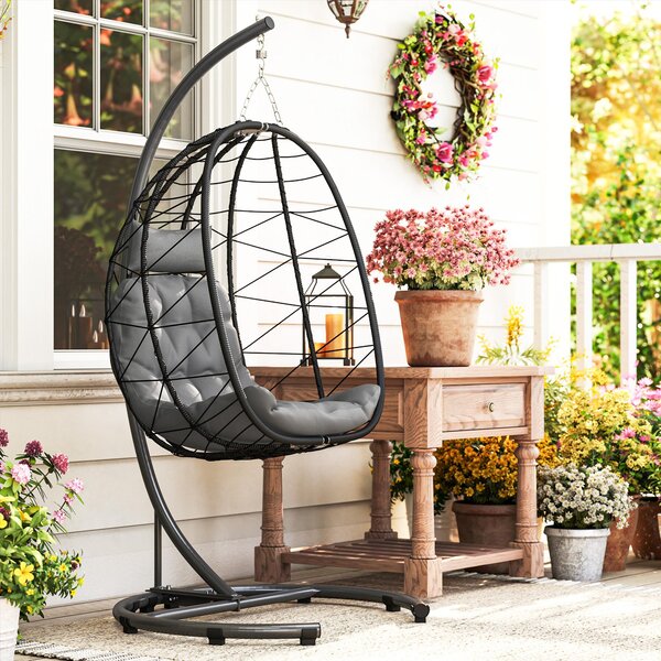 Krzesło wiszące "Egg" z rattanu PE i stali, fotel wiszący składany, odporny na warunki atmosferyczne, czarny | 102x102x195 cm | do 150 kg | w zestawie poduszka