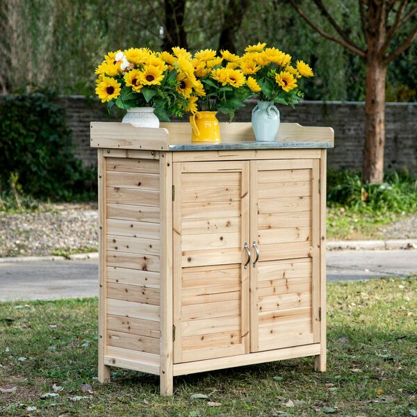 Szafka ogrodowa z drewna sosnowego, stolik do sadzenia z blatem z ocynkowanej blachy, drewniana szafka ogrodowa z naturalnego drewna | 83 x 40 x 92 cm | 13,95 kg | 2 przegródki