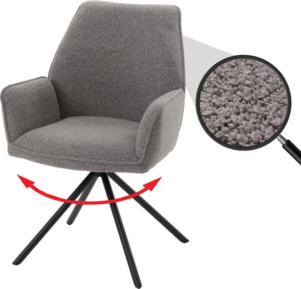 Krzesło do jadalni HWC-G67, podłokietnik krzesła kuchennego, automatyczna pozycja obrotowa, tkanina/tkanina bouclé Oeko-Tex MVG ~ jasnoszary