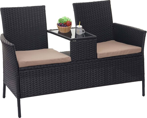 Ławka ogrodowa z polirattanu ze stołem HWC-E24, sofa ogrodowa, 132 cm ~ czarny, poduszki kremowe