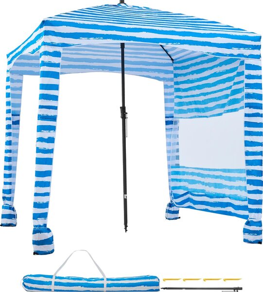 Parasol plażowy 183 x 183 cm z boczną ścianką, ochrona przeciwsłoneczna UPF 50+, pawilon plażowy z workami z piaskiem, przenośny parasol przeciwsłoneczny dla rodziny i przyjaciół, w kolorze niebieskim z paskami