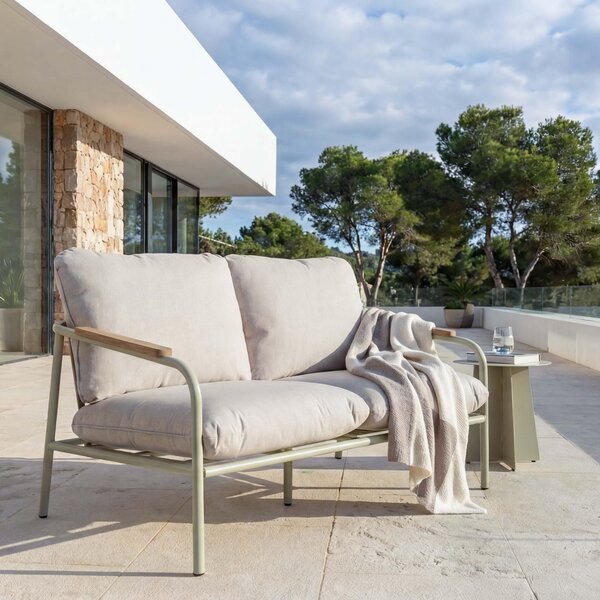Aluminiowa ławka ogrodowa HWC-O11, 2-osobowa sofa ogrodowa, tkanina Olefin (205 g/m²) 125 cm ~ jasnozielona tapicerka beżowa