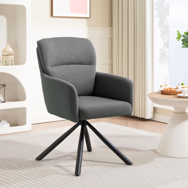 Krzesło do jadalni obrotowe o 360°, z podłokietnikami i tapicerką z tkaniny lnianej, ergonomiczne krzesło kuchenne, szare | 57 x 63 x 93 cm | 10 cm grubości siedziska | metalowe nogi